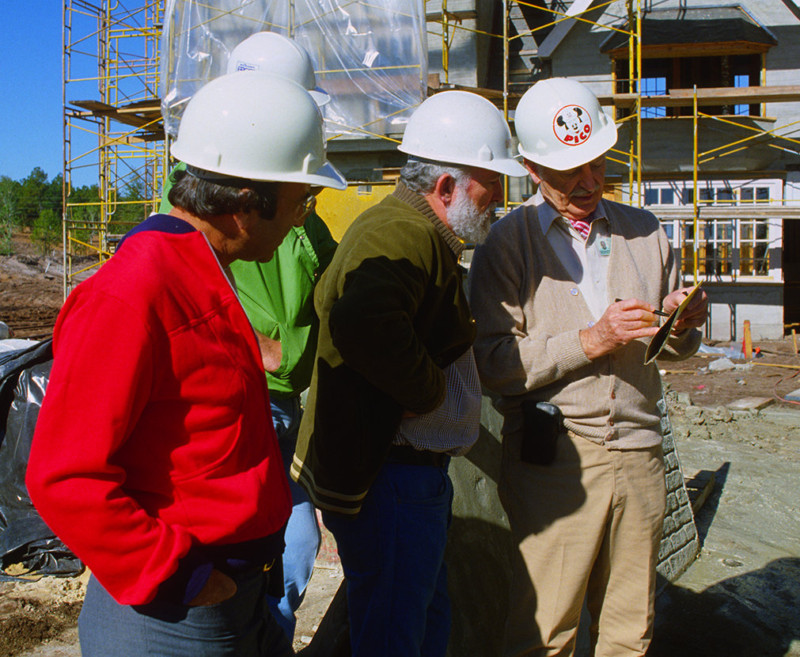 (L to R) Marty Sklar, Collin Campbell, John Hench during construction of Epcot Center. Courtesy Walt Disney Imagineering.
