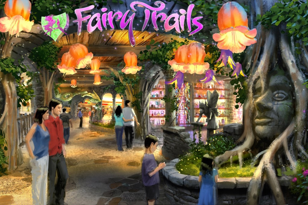 As shown in this design rendering  by Goddard Group, “Fairy Trails” is an expansion of  Lotte World’s "Underland" themed zone. The new land  allows guests to explore a magical subterranean world,  which is home to an ancient tribe of friendly faeries and  sprites. When completed in early 2014, “Fairy Trails” will  feature new dining and retail options, as well as a  highly-themed family ride experience. Photo:  ©2013  Gary Goddard Entertainment
