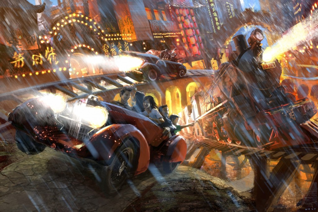 As pictured in this concept  rendering by Goddard Group, the "Triad Gangster  Chase" ride, inspired by Shanghai stories and legends  of the infamous Triad, is located within the new Bund  theme park. The attraction will take guests on a  wild adventure through Shanghai's dark underworld.  Photo:  ©2013 Gary Goddard Entertainment