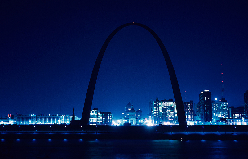 Night view of Gateway Arch and downtown St. Louis. Photograph by Ralph D'Oench, 1966. The iconic shape and gleaming metal of Eero Saarinen’s Gateway Arch draws millions to the riverside slope of St. Louis. This is the same place where French pioneers founded a fur-trading settlement, where Lewis and Clark brought back wonders from the American West, and where thousands seeking new life set out for the frontier. The Gateway Arch is one of 50 places featured in the Missouri History Museum's 250 in 250 exhibition.