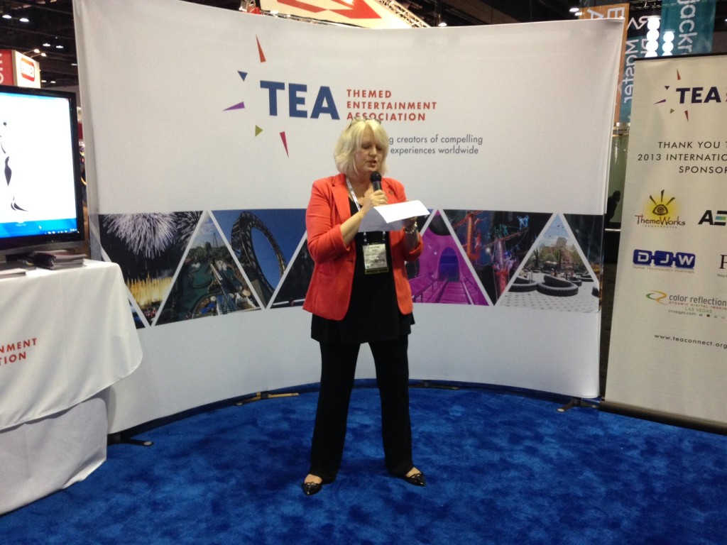 TEA President Christine Kerr announces the 2014 Thea recipients.  Photo by InPark's Martin Palicki