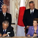 U.S. Commissioner General Lisa Gable signs US Participation Contract for Aichi Expo-2005, with Dr. Toyoda and Secretary of State Colin Powell