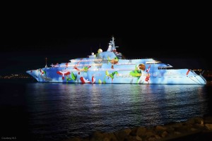 Delta Media Servers power a projection mapped display on a superyacht at the Sky Diving World Championships Dubai. Image courtesy VLS.