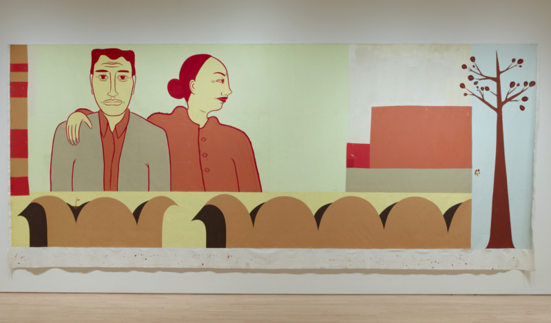 Margaret Kilgallen, Untitled, 2000, acrylic on unstretched canvas; 136 1/2 x 316 in. (346.71 x 802.64 cm); Collection SFMOMA, Purchase, by exchange, through a fractional gift of Evelyn D. Haas, and through gifts of Albert M. Bender, Vicki and Kent Logan, Janice and Henry Rooney, and bequests of Dr. Gertrude Ticho and Dean Barnlund; © Estate of Margaret Kilgallen
