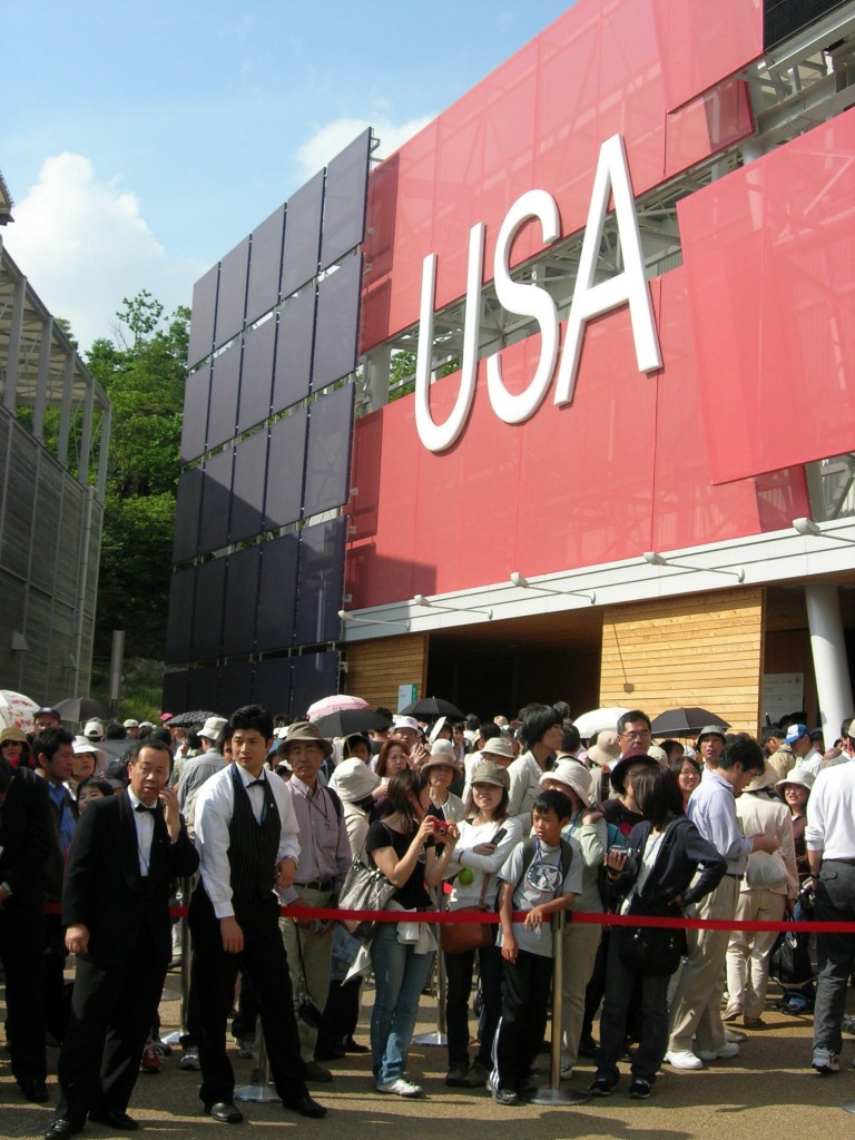 A crowd waits to enter the US Pavilion at Aichi Expo 2005 in Nagoya, Japan