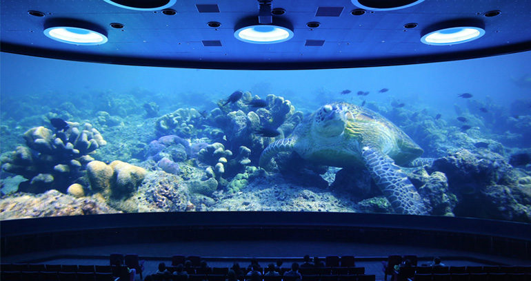 Main theater, Orbi Osaka. Images delivered by Videro software on Apple computers and Panasonic laser projectors.