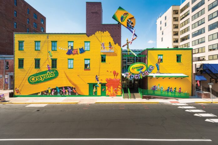 The first of Crayola Experience branded entertainment centers at the Crayola factory in Easton, Pennsylvania. Even the sidewalks are made of crayons.